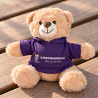 A plush teddy bear sitting on a wooden surface, wearing a purple hooded sweatshirt with the Gordonstoun logo printed on the front.